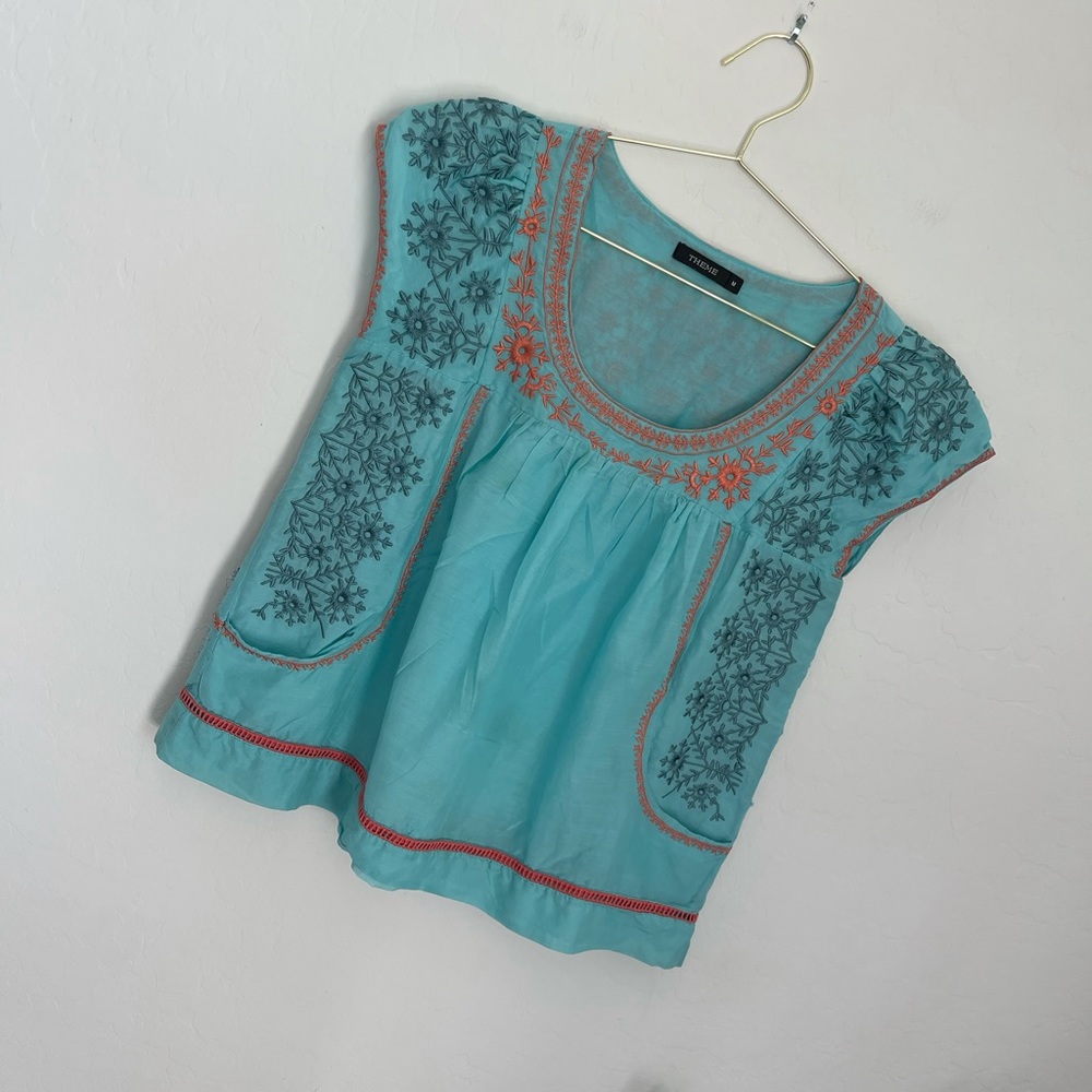 Theme Embroidered Short Sleeve Teal Dress Sz M